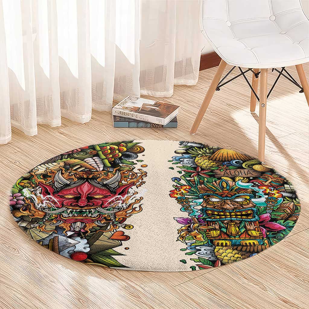 Hawaii And Japan Round Carpet Tiki With Oni Mask - Polynesian Pride