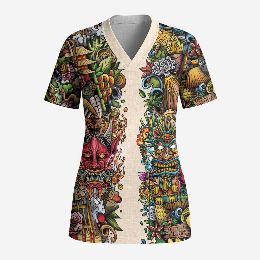 Hawaii And Japan Scrub Top Tiki With Oni Mask - Polynesian Pride