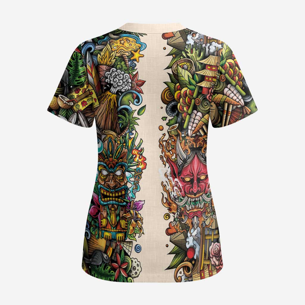 Hawaii And Japan Scrub Top Tiki With Oni Mask - Polynesian Pride