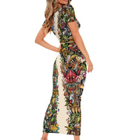 Hawaii And Japan Short Sleeve Bodycon Dress Tiki With Oni Mask - Polynesian Pride