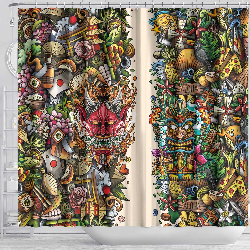 Hawaii And Japan Shower Curtain Tiki With Oni Mask - Polynesian Pride