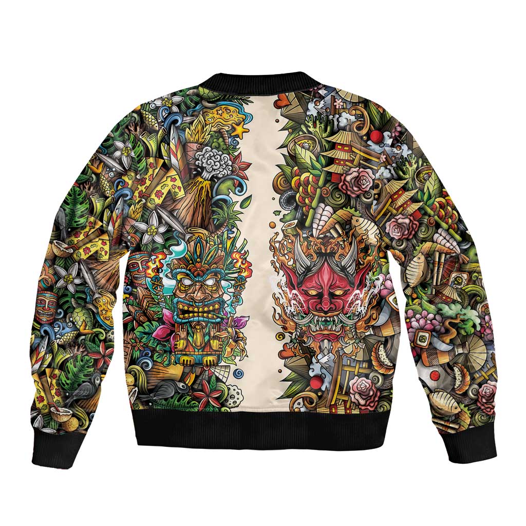 Hawaii And Japan Sleeve Zip Bomber Jacket Tiki With Oni Mask - Polynesian Pride