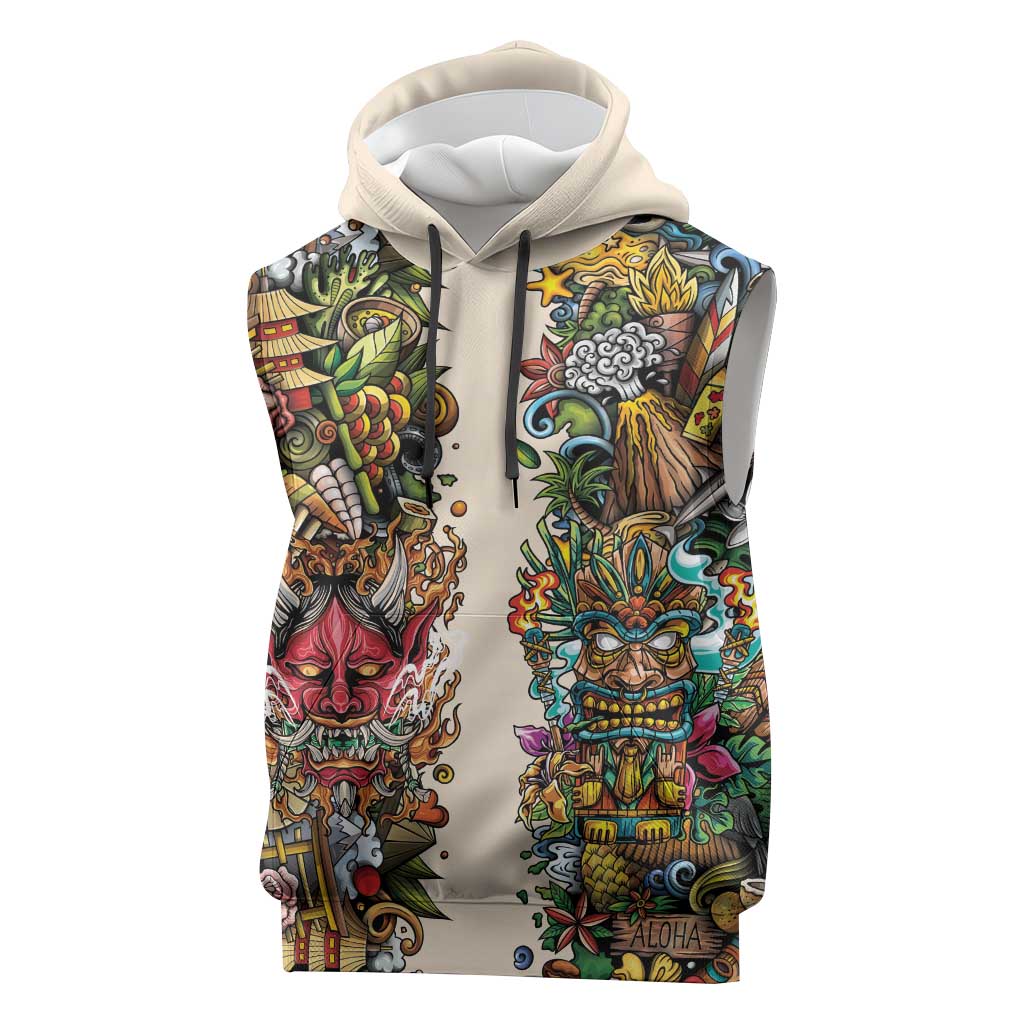 Hawaii And Japan Sleeveless Hoodie Tiki With Oni Mask - Polynesian Pride
