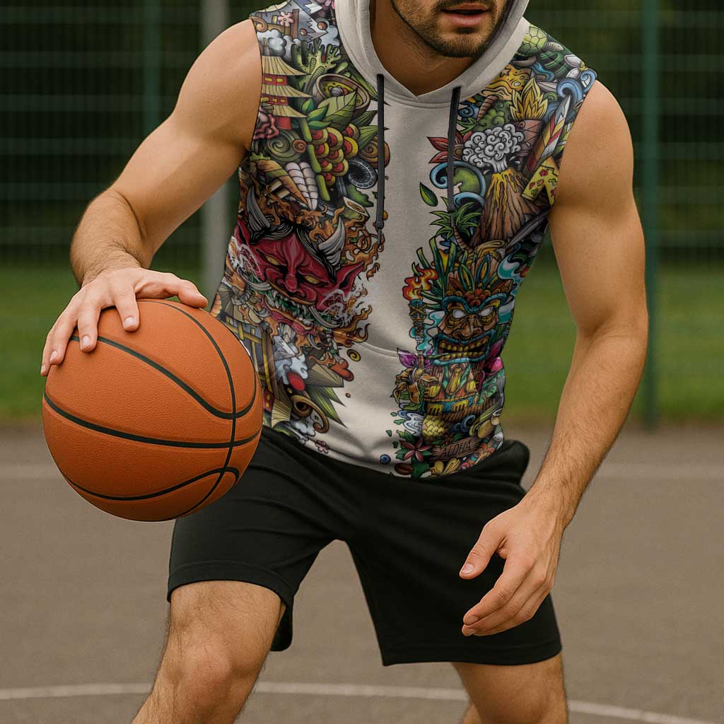 Hawaii And Japan Sleeveless Hoodie Tiki With Oni Mask - Polynesian Pride