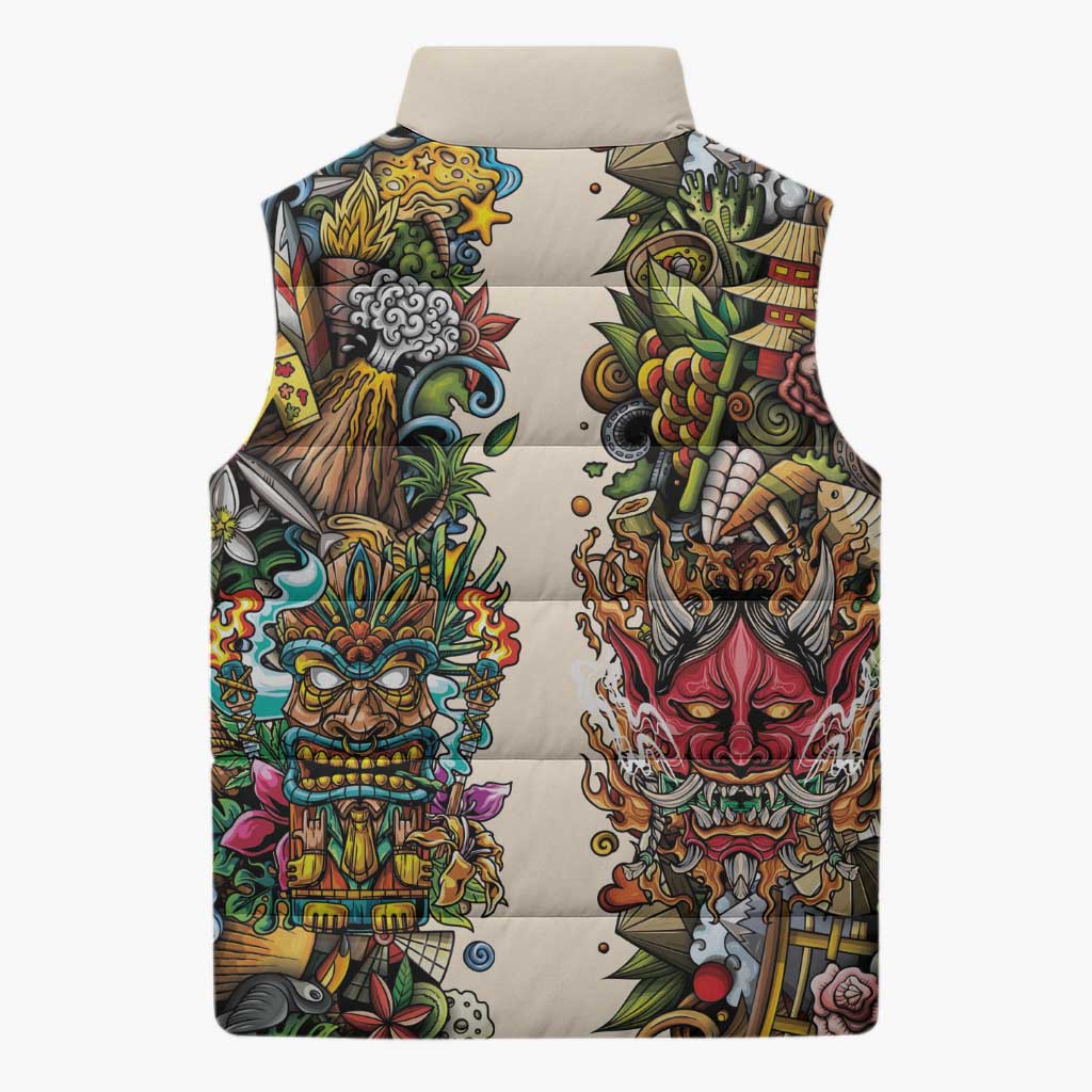 Hawaii And Japan Sleeveless Puffer Jacket Tiki With Oni Mask - Polynesian Pride