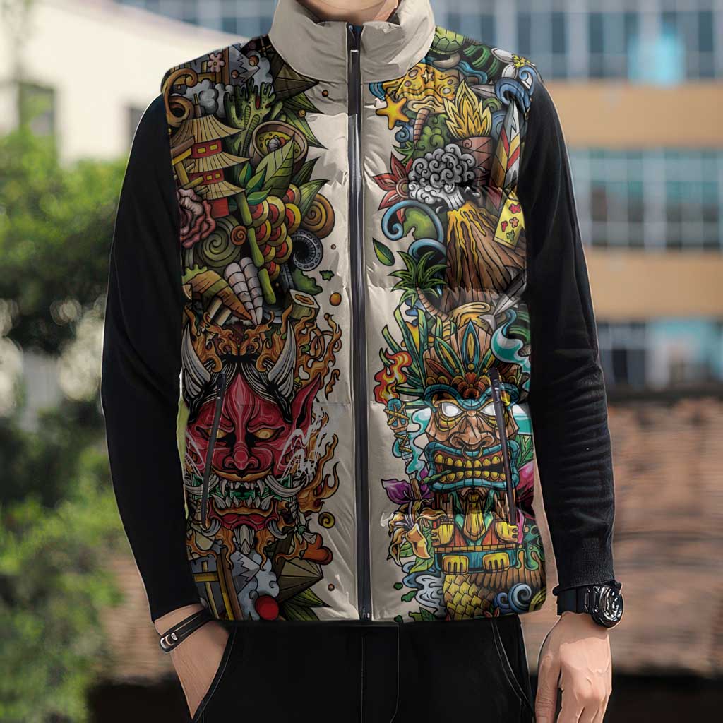 Hawaii And Japan Sleeveless Puffer Jacket Tiki With Oni Mask - Polynesian Pride