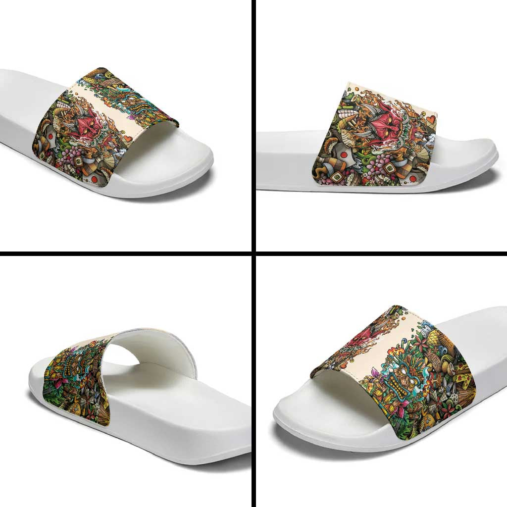 Hawaii And Japan Slide Sandals Tiki With Oni Mask - Polynesian Pride