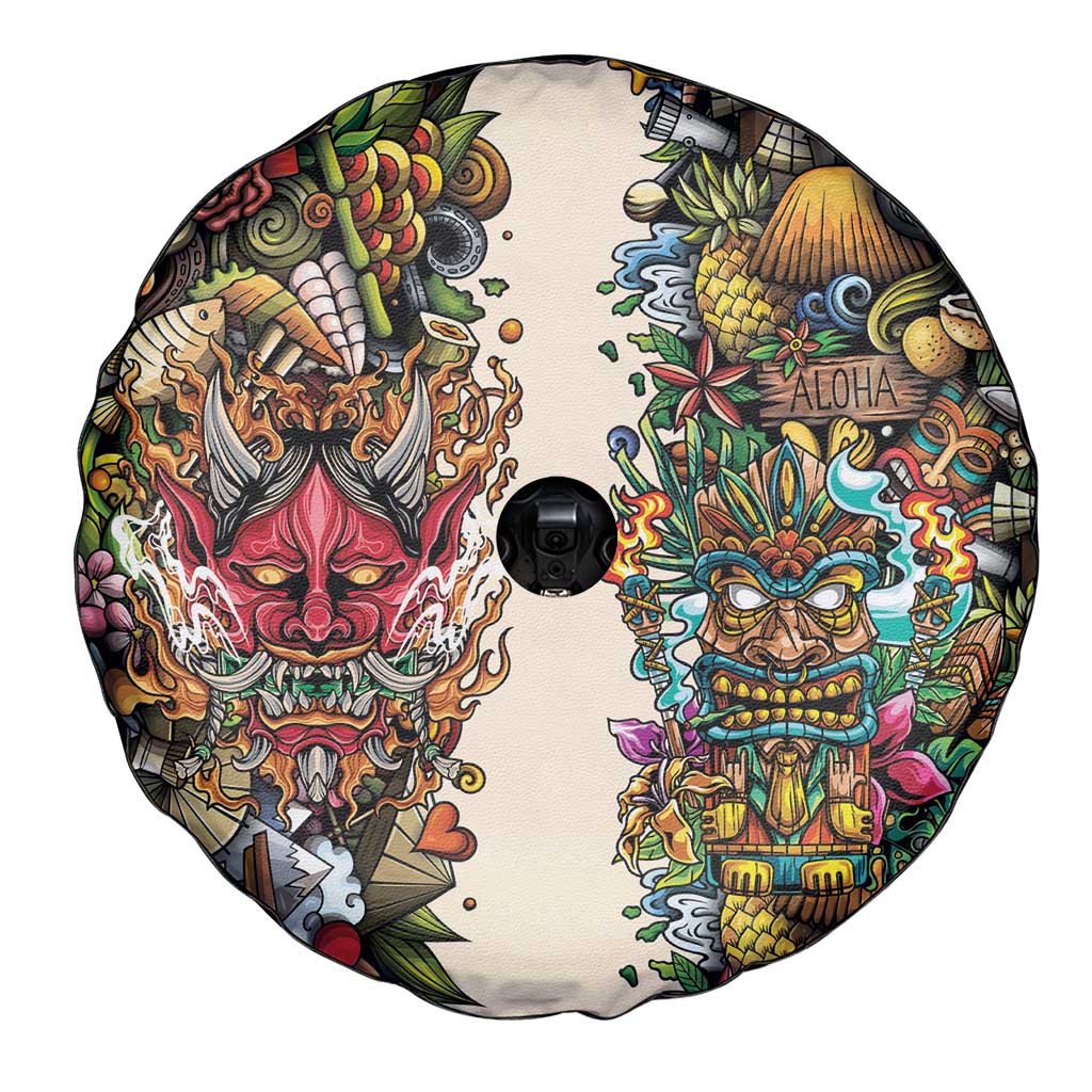 Hawaii And Japan Spare Tire Cover Tiki With Oni Mask - Polynesian Pride