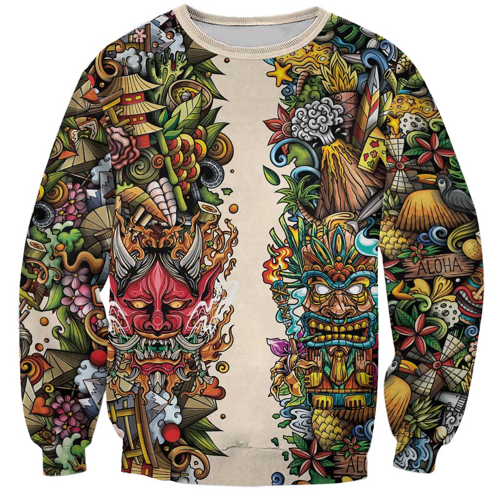 Hawaii And Japan Sweatshirt Tiki With Oni Mask - Polynesian Pride