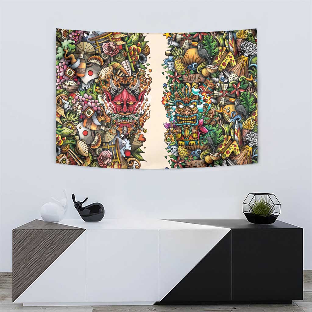 Hawaii And Japan Tapestry Tiki With Oni Mask - Polynesian Pride