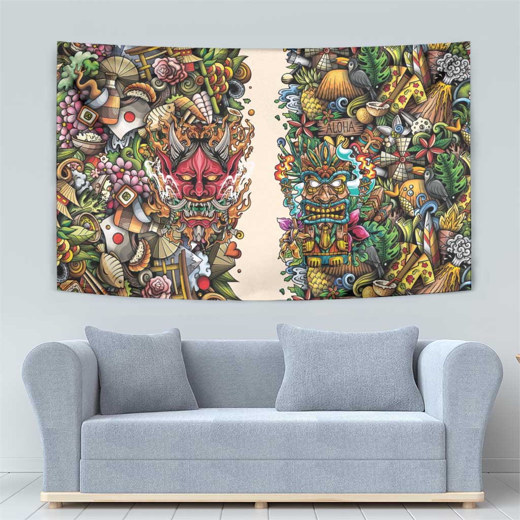 Hawaii And Japan Tapestry Tiki With Oni Mask - Polynesian Pride