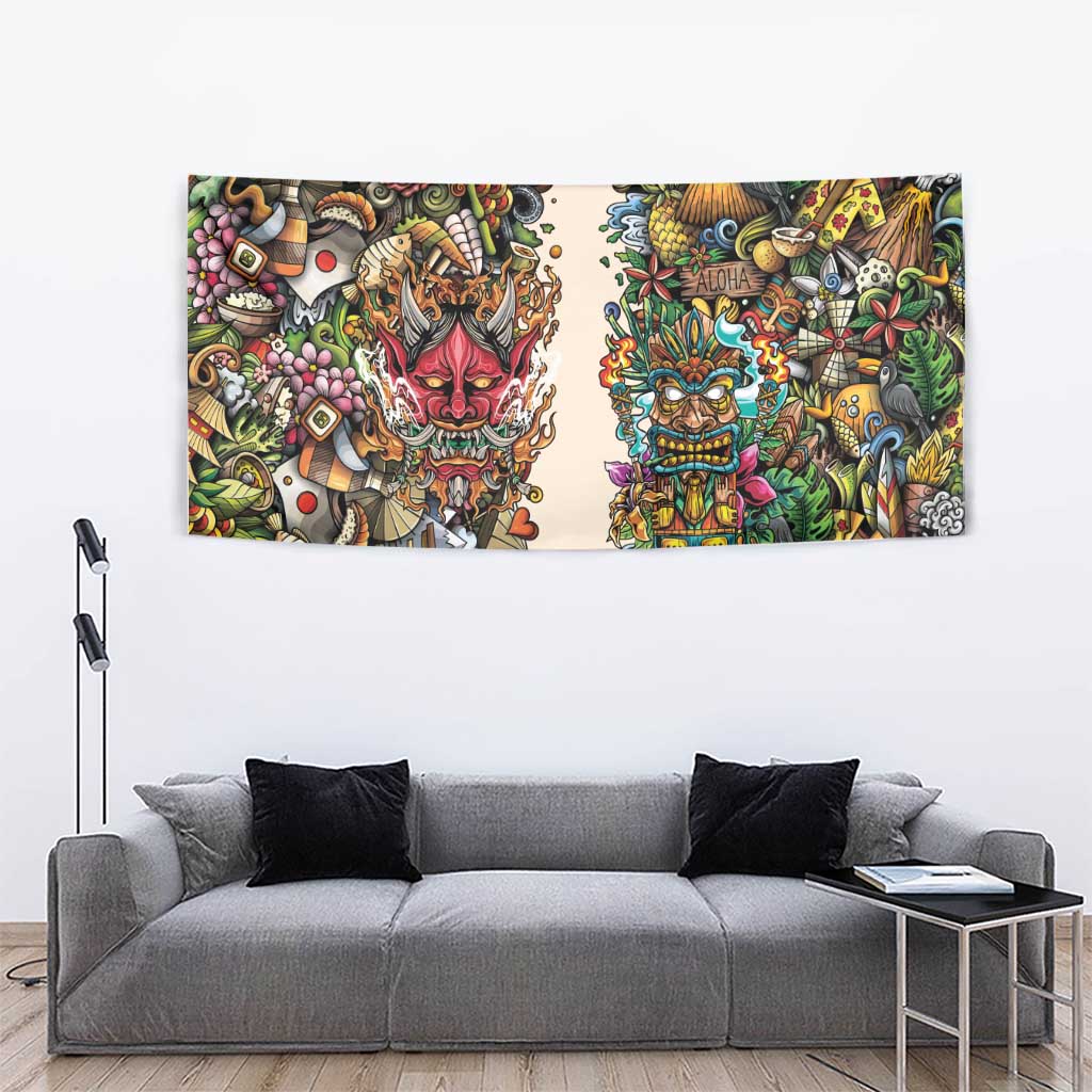 Hawaii And Japan Tapestry Tiki With Oni Mask - Polynesian Pride