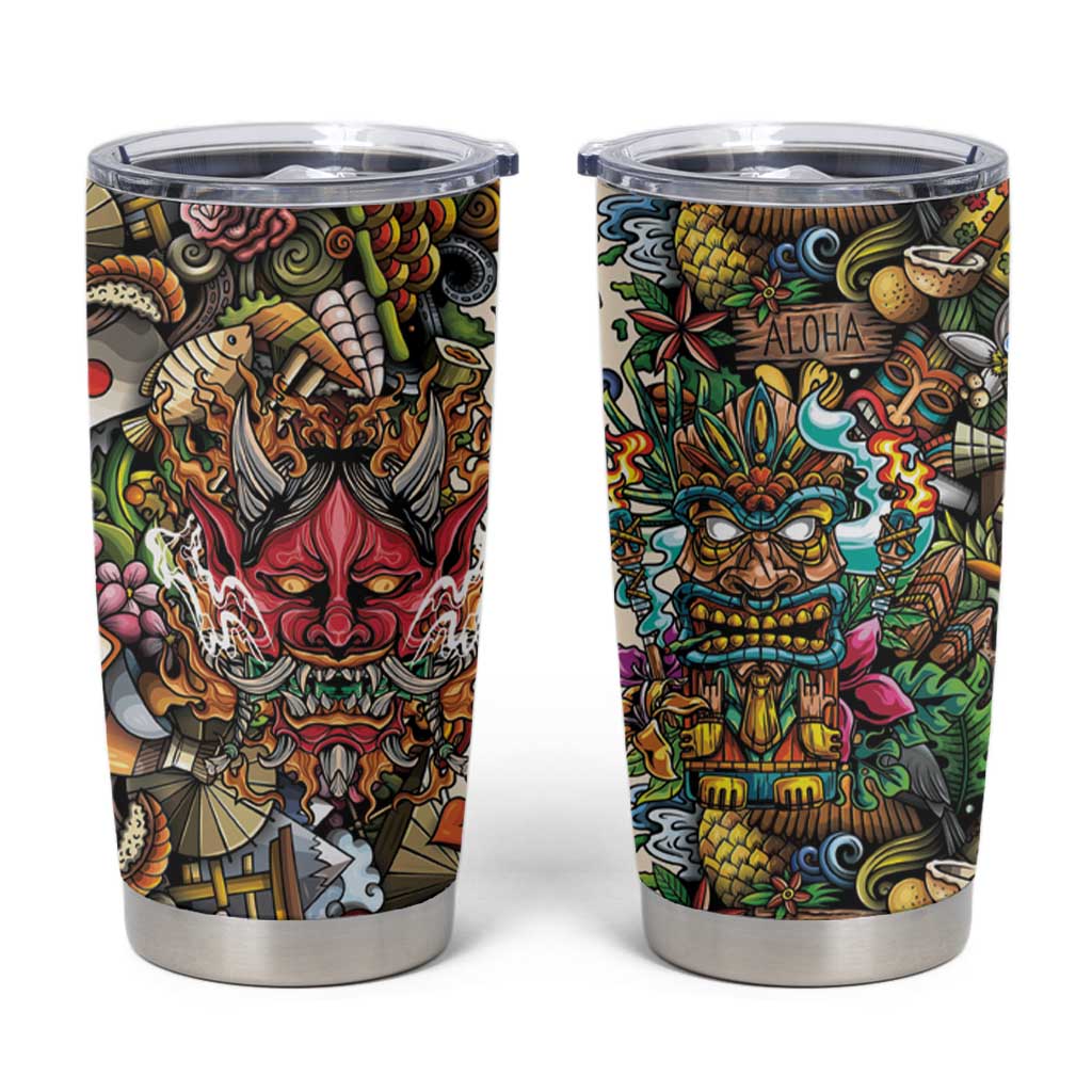 Hawaii And Japan Tumbler Cup Tiki With Oni Mask - Polynesian Pride