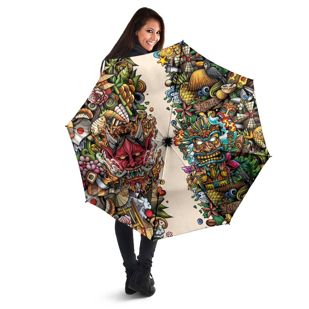 Hawaii And Japan Umbrella Tiki With Oni Mask - Polynesian Pride