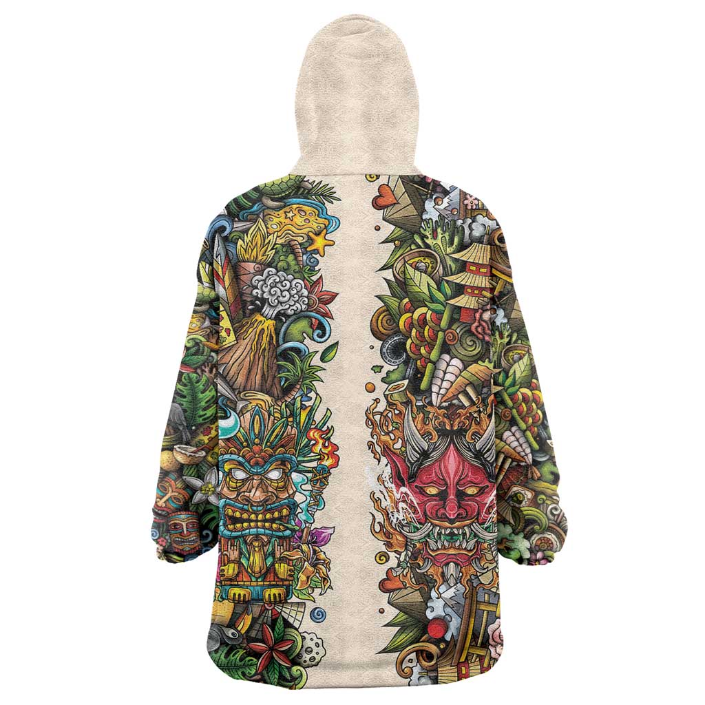 Hawaii And Japan Wearable Blanket Hoodie Tiki With Oni Mask - Polynesian Pride