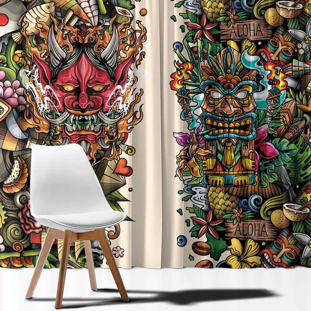 Hawaii And Japan Window Curtain Tiki With Oni Mask - Polynesian Pride