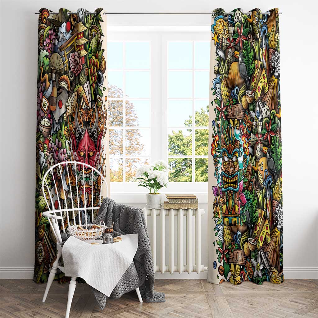 Hawaii And Japan Window Curtain Tiki With Oni Mask - Polynesian Pride