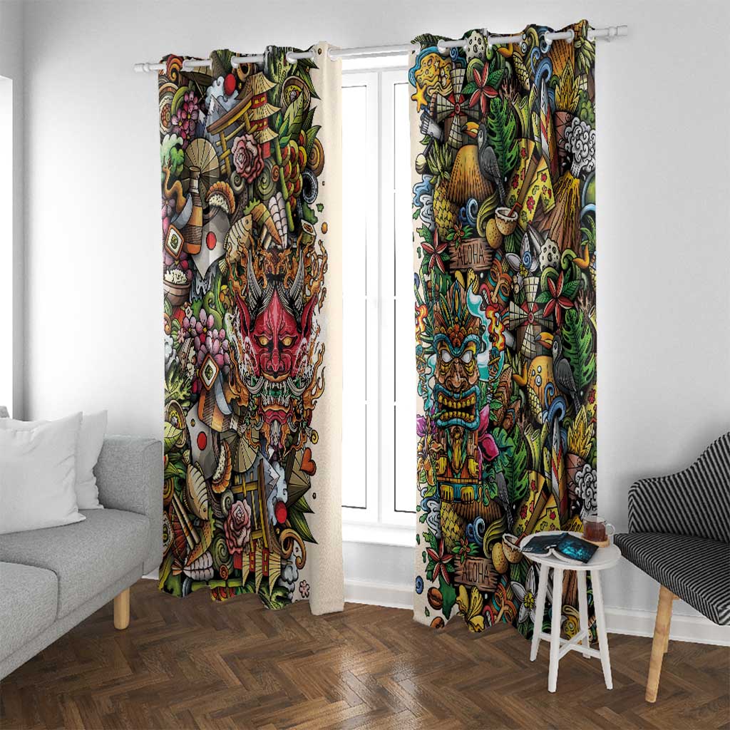 Hawaii And Japan Window Curtain Tiki With Oni Mask - Polynesian Pride