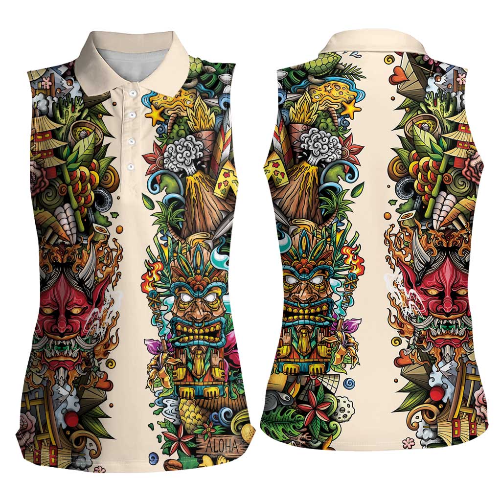 Hawaii And Japan Women Sleeveless Polo Shirt Tiki With Oni Mask - Polynesian Pride