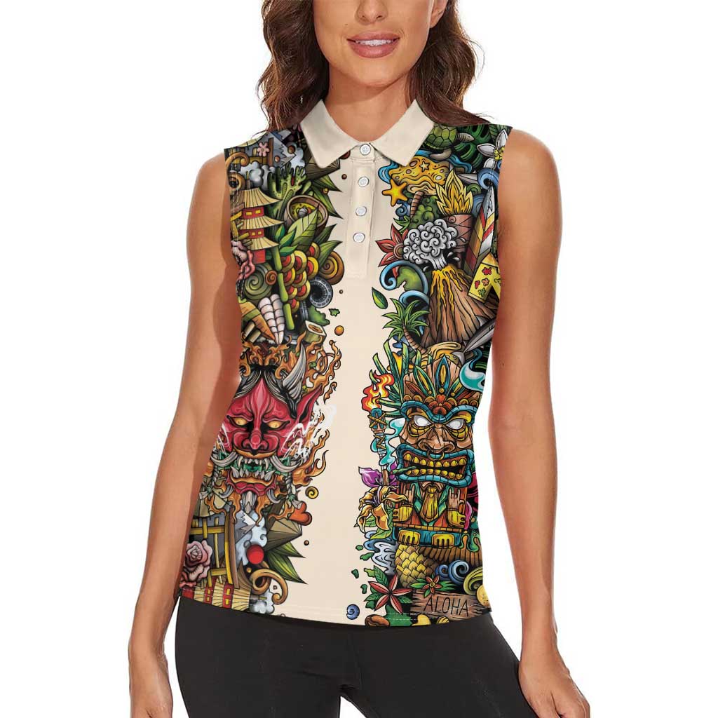 Hawaii And Japan Women Sleeveless Polo Shirt Tiki With Oni Mask - Polynesian Pride