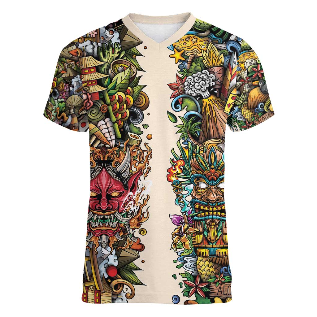 Hawaii And Japan Women V-Neck T-Shirt Tiki With Oni Mask - Polynesian Pride