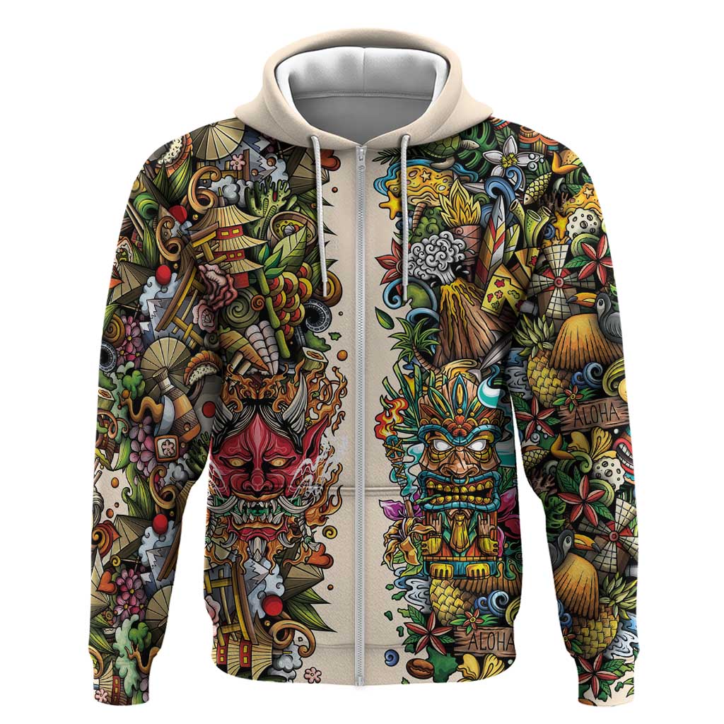 Hawaii And Japan Zip Hoodie Tiki With Oni Mask - Polynesian Pride