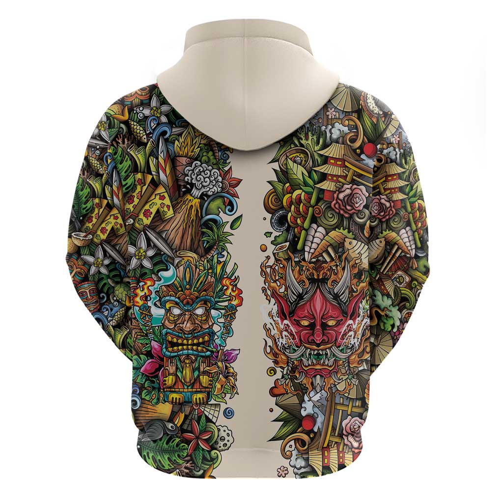 Hawaii And Japan Zip Hoodie Tiki With Oni Mask - Polynesian Pride