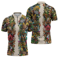 Hawaii And Japan Zipper Polo Shirt Tiki With Oni Mask - Polynesian Pride