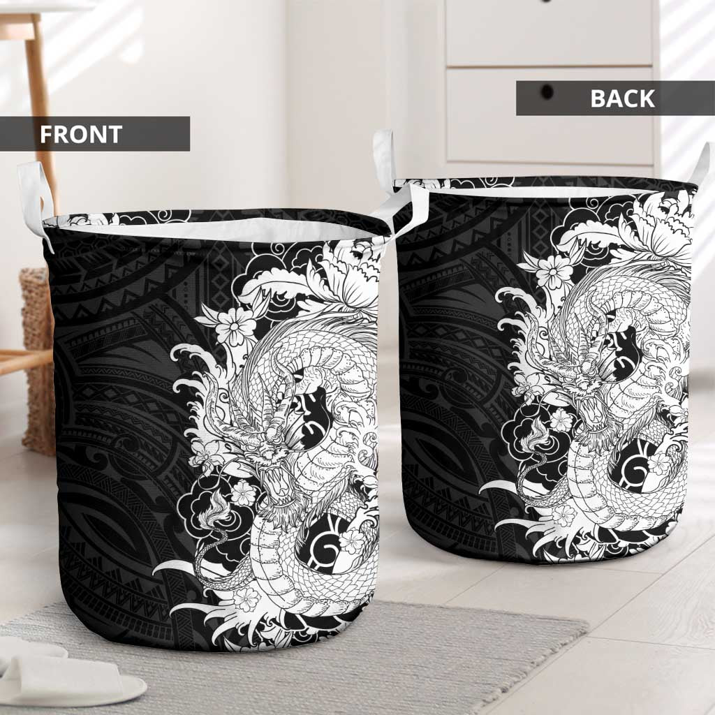 Hawaiian And Japanese Culture Laundry Basket Irezumi Dragon With Polynesian Pattern Black - Polynesian Pride