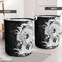 Hawaiian And Japanese Culture Laundry Basket Irezumi Dragon With Polynesian Pattern Black - Polynesian Pride