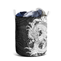 Hawaiian And Japanese Culture Laundry Basket Irezumi Dragon With Polynesian Pattern Black - Polynesian Pride