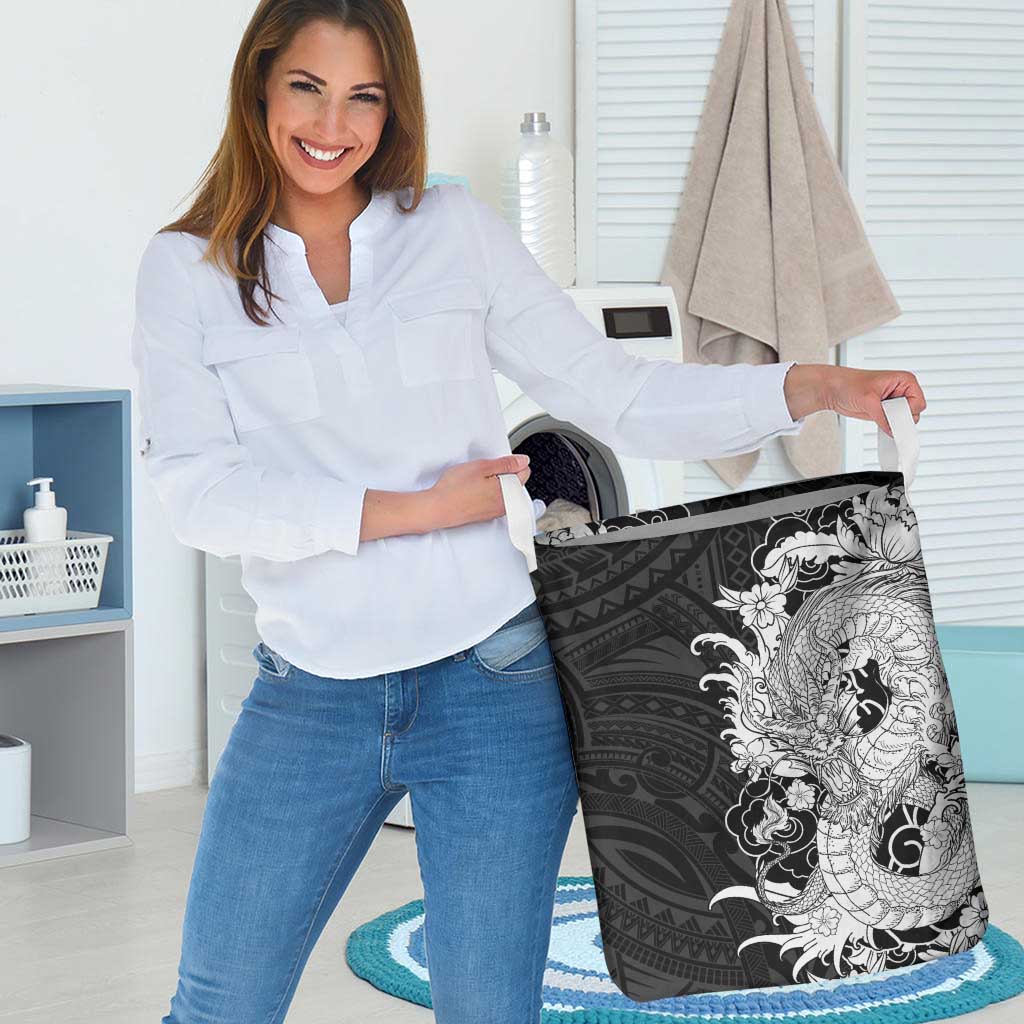 Hawaiian And Japanese Culture Laundry Basket Irezumi Dragon With Polynesian Pattern Black - Polynesian Pride