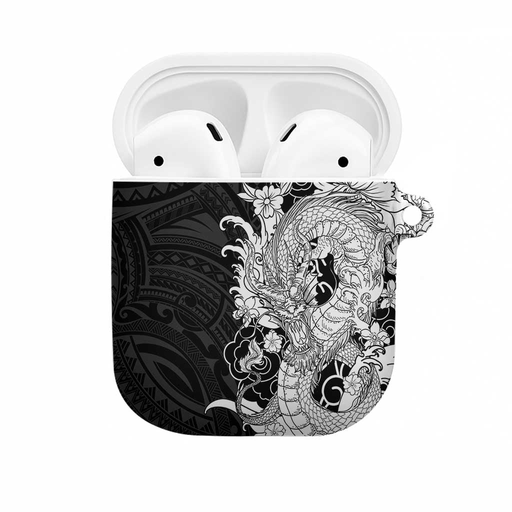 Hawaiian And Japanese Culture AirPods Case Irezumi Dragon With Polynesian Pattern Black - Polynesian Pride