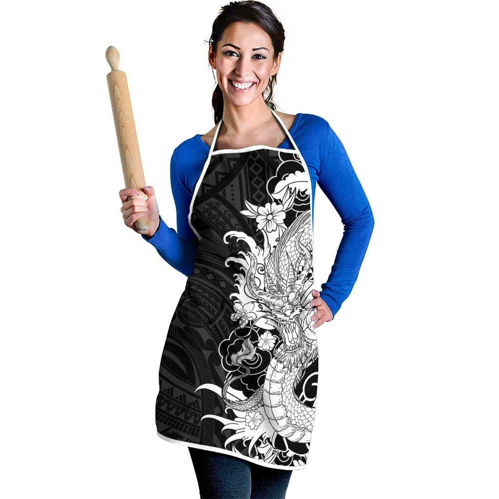 Hawaiian And Japanese Culture Apron Irezumi Dragon With Polynesian Pattern Black - Polynesian Pride