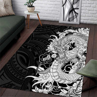Hawaiian And Japanese Culture Area Rug Irezumi Dragon With Polynesian Pattern Black - Polynesian Pride