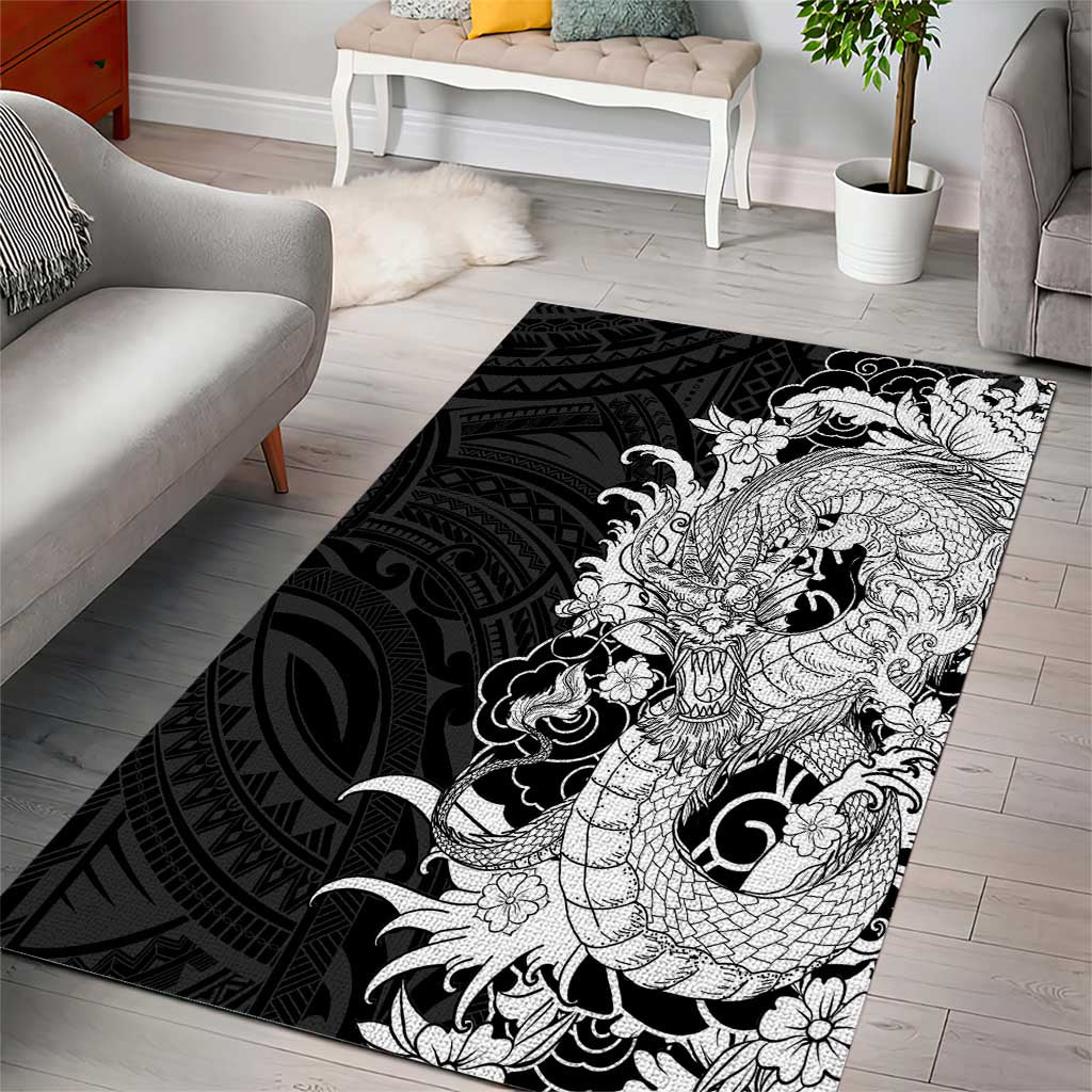 Hawaiian And Japanese Culture Area Rug Irezumi Dragon With Polynesian Pattern Black - Polynesian Pride