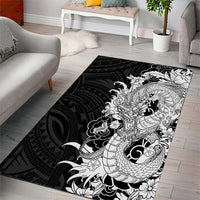 Hawaiian And Japanese Culture Area Rug Irezumi Dragon With Polynesian Pattern Black - Polynesian Pride