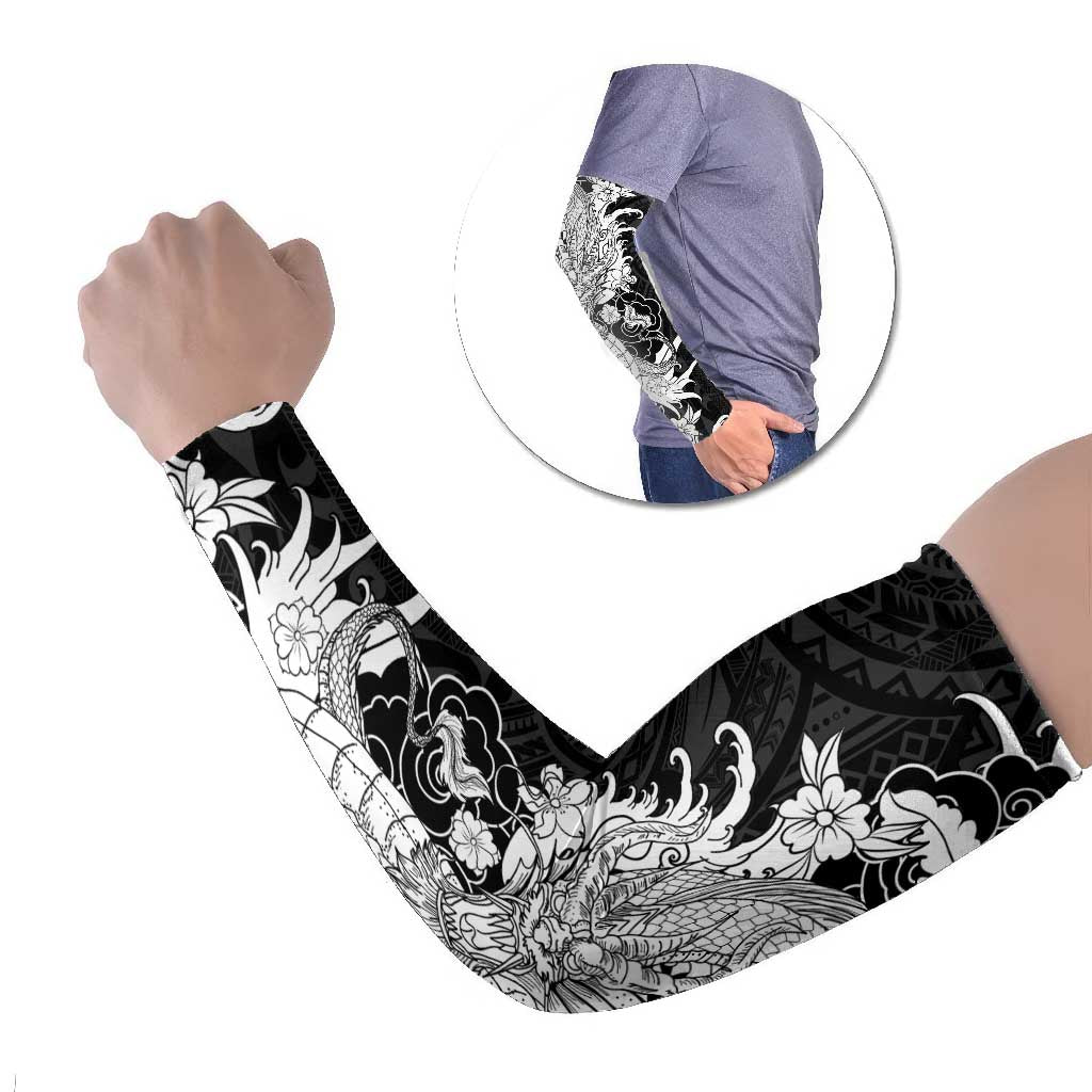 Hawaiian And Japanese Culture Arm Sleeves Irezumi Dragon With Polynesian Pattern Black - Polynesian Pride