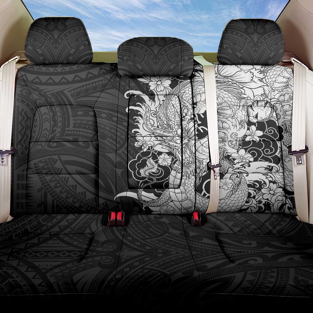 Hawaiian And Japanese Culture Back Car Seat Cover Irezumi Dragon With Polynesian Pattern Black - Polynesian Pride