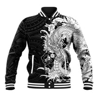 Hawaiian And Japanese Culture Baseball Jacket Irezumi Dragon With Polynesian Pattern Black - Polynesian Pride