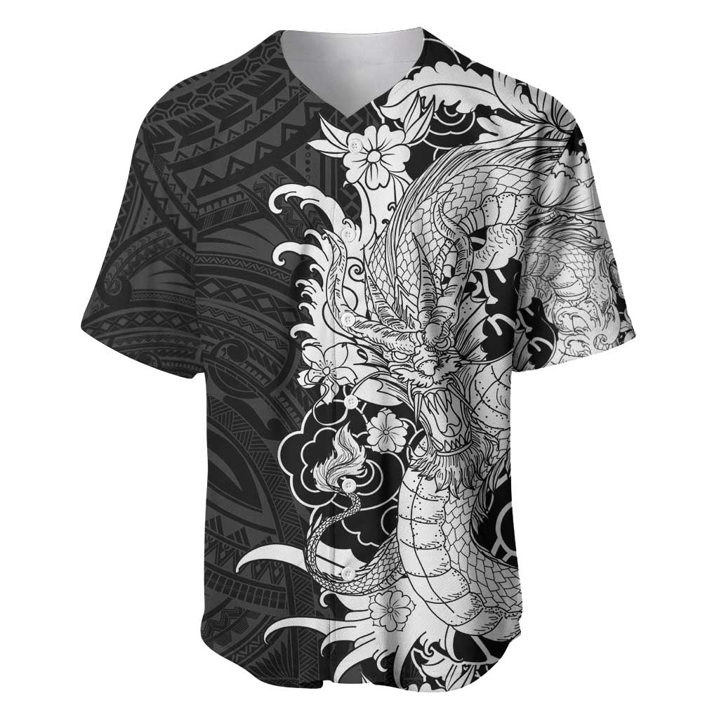Hawaiian And Japanese Culture Baseball Jersey Irezumi Dragon With Polynesian Pattern Black - Polynesian Pride