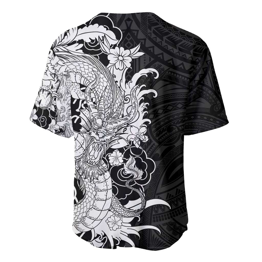 Hawaiian And Japanese Culture Baseball Jersey Irezumi Dragon With Polynesian Pattern Black - Polynesian Pride