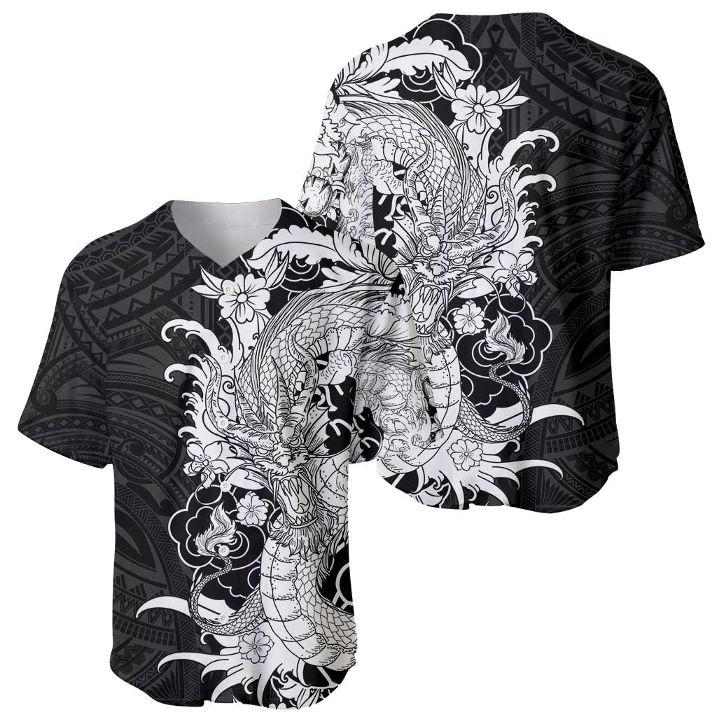 Hawaiian And Japanese Culture Baseball Jersey Irezumi Dragon With Polynesian Pattern Black - Polynesian Pride
