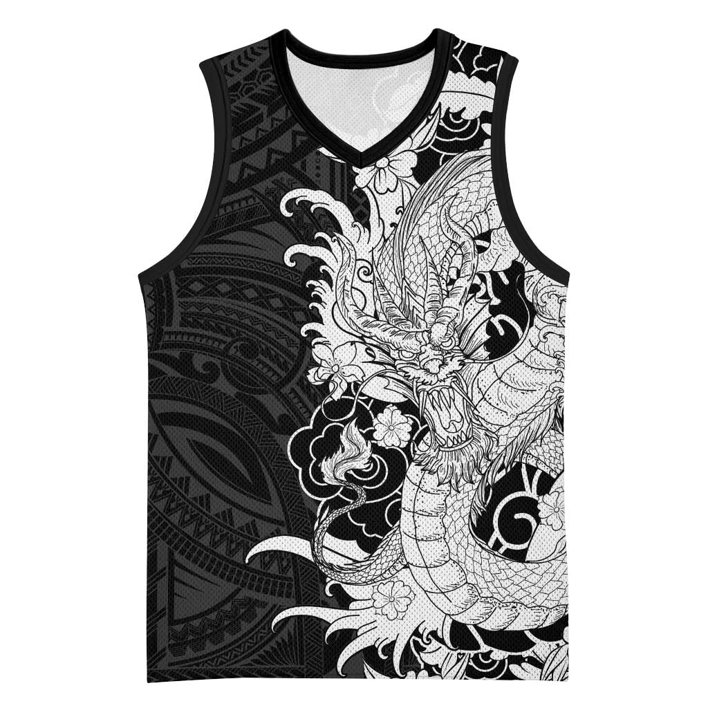 Hawaiian And Japanese Culture Basketball Jersey Irezumi Dragon With Polynesian Pattern Black - Polynesian Pride