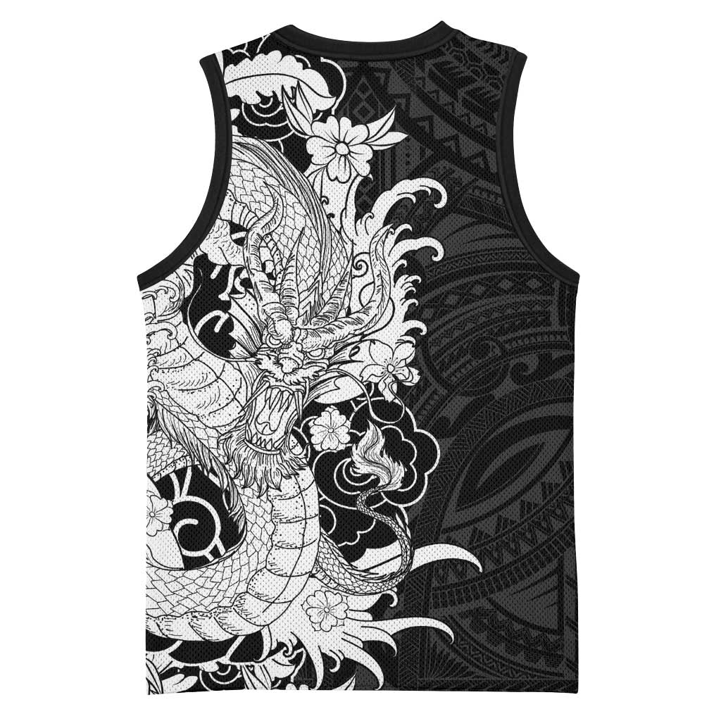 Hawaiian And Japanese Culture Basketball Jersey Irezumi Dragon With Polynesian Pattern Black - Polynesian Pride