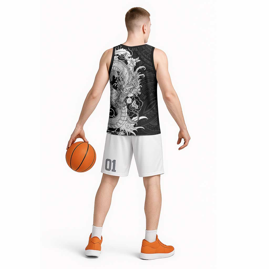 Hawaiian And Japanese Culture Basketball Jersey Irezumi Dragon With Polynesian Pattern Black - Polynesian Pride