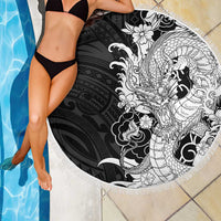 Hawaiian And Japanese Culture Beach Blanket Irezumi Dragon With Polynesian Pattern Black - Polynesian Pride