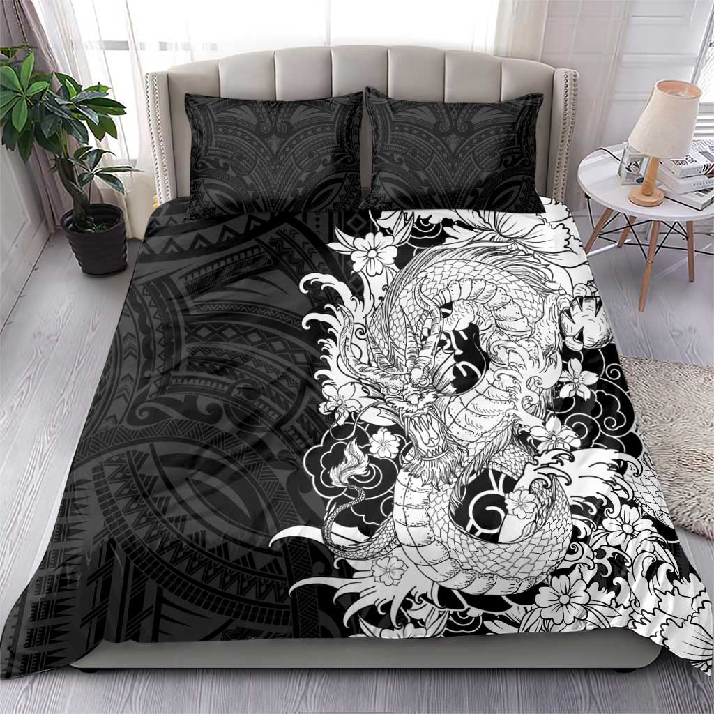 Hawaiian And Japanese Culture Bedding Set Irezumi Dragon With Polynesian Pattern Black - Polynesian Pride
