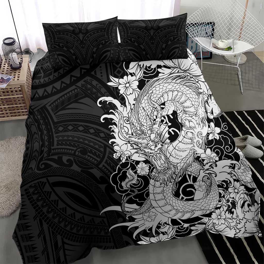 Hawaiian And Japanese Culture Bedding Set Irezumi Dragon With Polynesian Pattern Black - Polynesian Pride