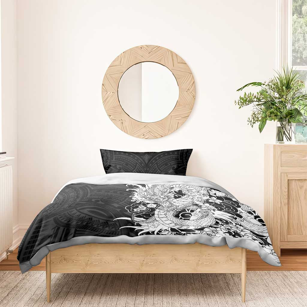 Hawaiian And Japanese Culture Bedding Set Irezumi Dragon With Polynesian Pattern Black - Polynesian Pride